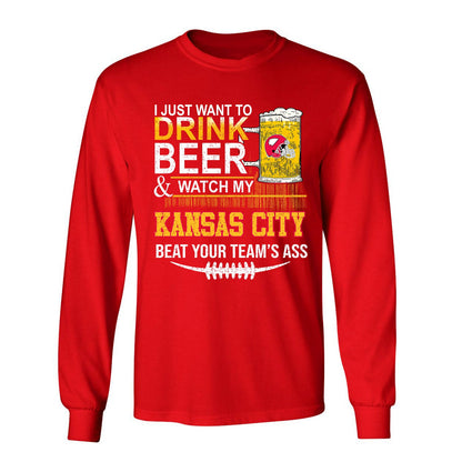 Kansas city American Football Beer Long Sleeve Shirt, Just Want To Drink Beer & Watch My Kansas city American Football Beat Your Team Long Sleeve