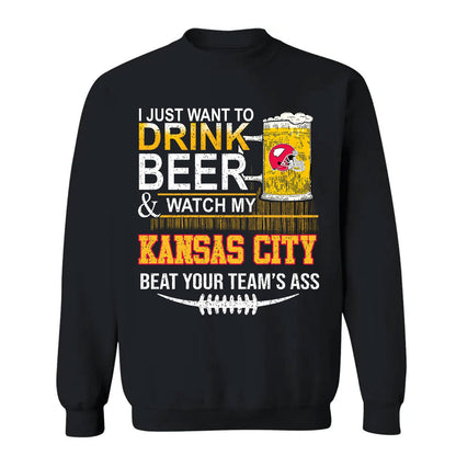 Kansas city American Football Beer Long Sleeve Shirt, Just Want To Drink Beer & Watch My Kansas city American Football Beat Your Team Long Sleeve