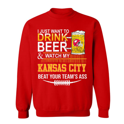 Kansas city American Football Beer Long Sleeve Shirt, Just Want To Drink Beer & Watch My Kansas city American Football Beat Your Team Long Sleeve