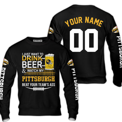 Pittsburgh American Football Beer Custom Baseball Jersey, Just Want To Drink Beer Watch My Pittsburgh American Football Custom 2 Side Baseball Jersey