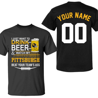 Pittsburgh American Football Beer Double Sided Long Sleeve Shirt, Just Want To Drink Beer & Watch My Pittsburgh American Football 2 Side Long Sleeve