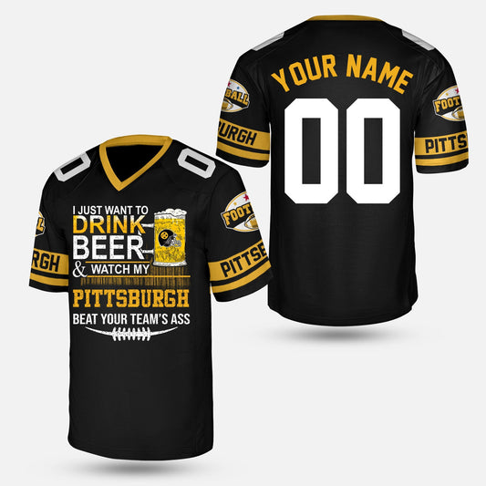 Pittsburgh American Football Beer Custom V-neck Jersey, Just Want To Drink Beer Watch My Pittsburgh American Football Custom 2 Side V-neck Jersey