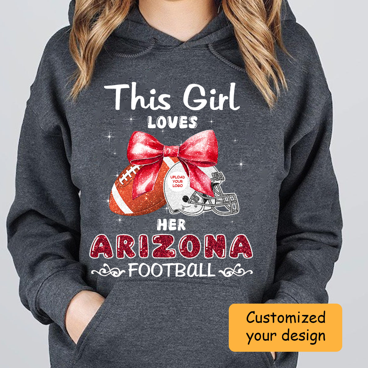 Personalized Women Love Arizona Football Coquette Bow Hoodie, American Football Girl Mom Game Day Cheer Hoodie