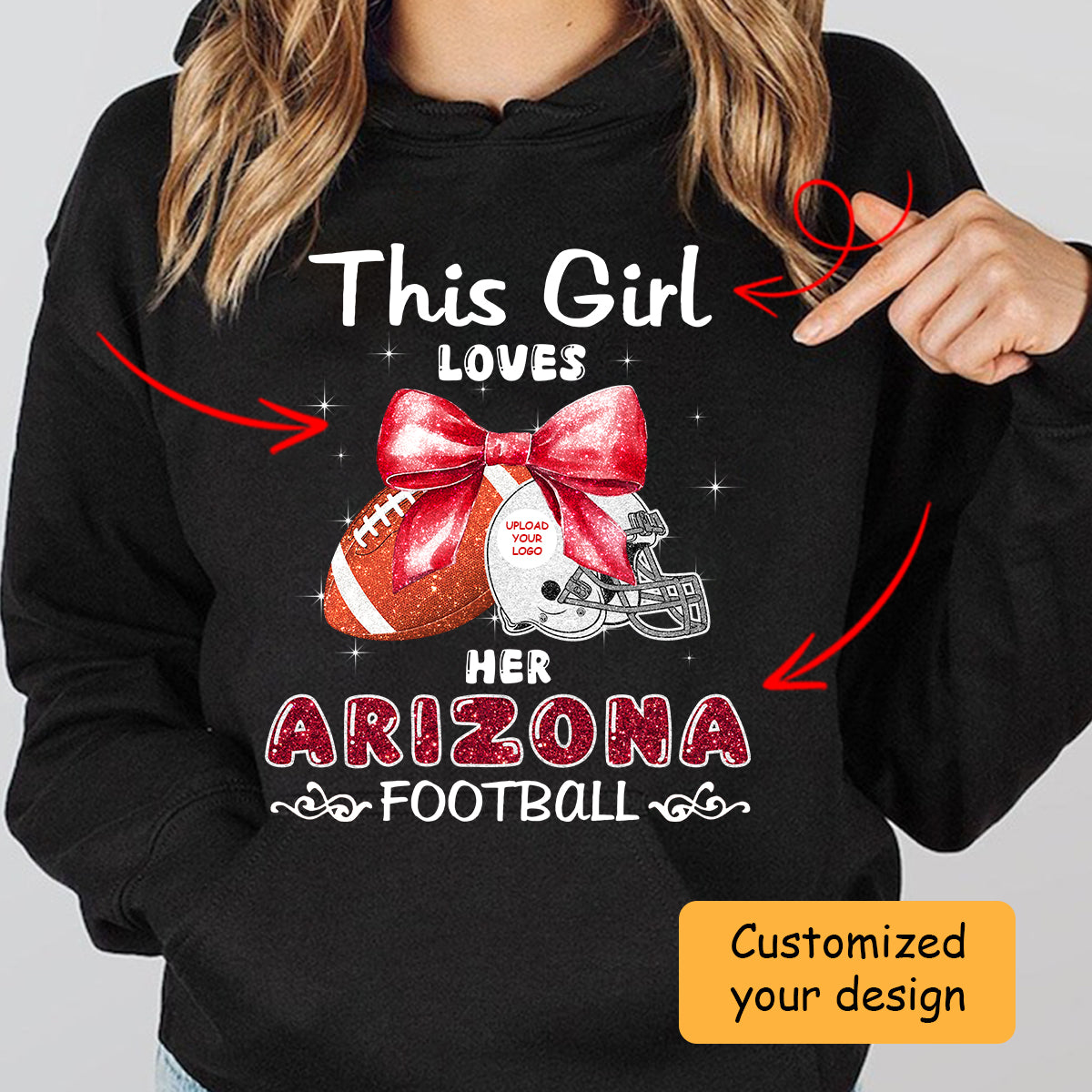 Personalized Women Love Arizona Football Coquette Bow Hoodie, American Football Girl Mom Game Day Cheer Hoodie