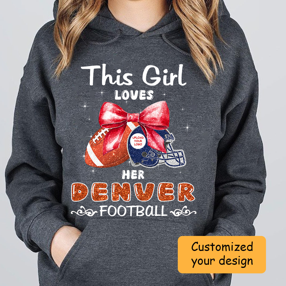 Personalized Women Love Denver Football Coquette Bow Sweatshirt, American Football Girl Mom Game Day Cheer Sweatshirt