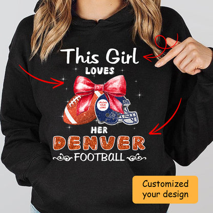 Personalized Women Love Denver Football Coquette Bow Sweatshirt, American Football Girl Mom Game Day Cheer Sweatshirt