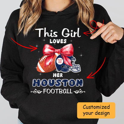 Personalized Women Love Houston Football Coquette Bow Hoodie, American Football Girl Mom Game Day Cheer Hoodie