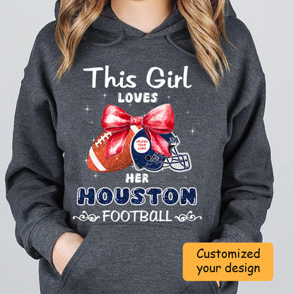 Personalized Women Love Houston Football Coquette Bow Hoodie, American Football Girl Mom Game Day Cheer Hoodie