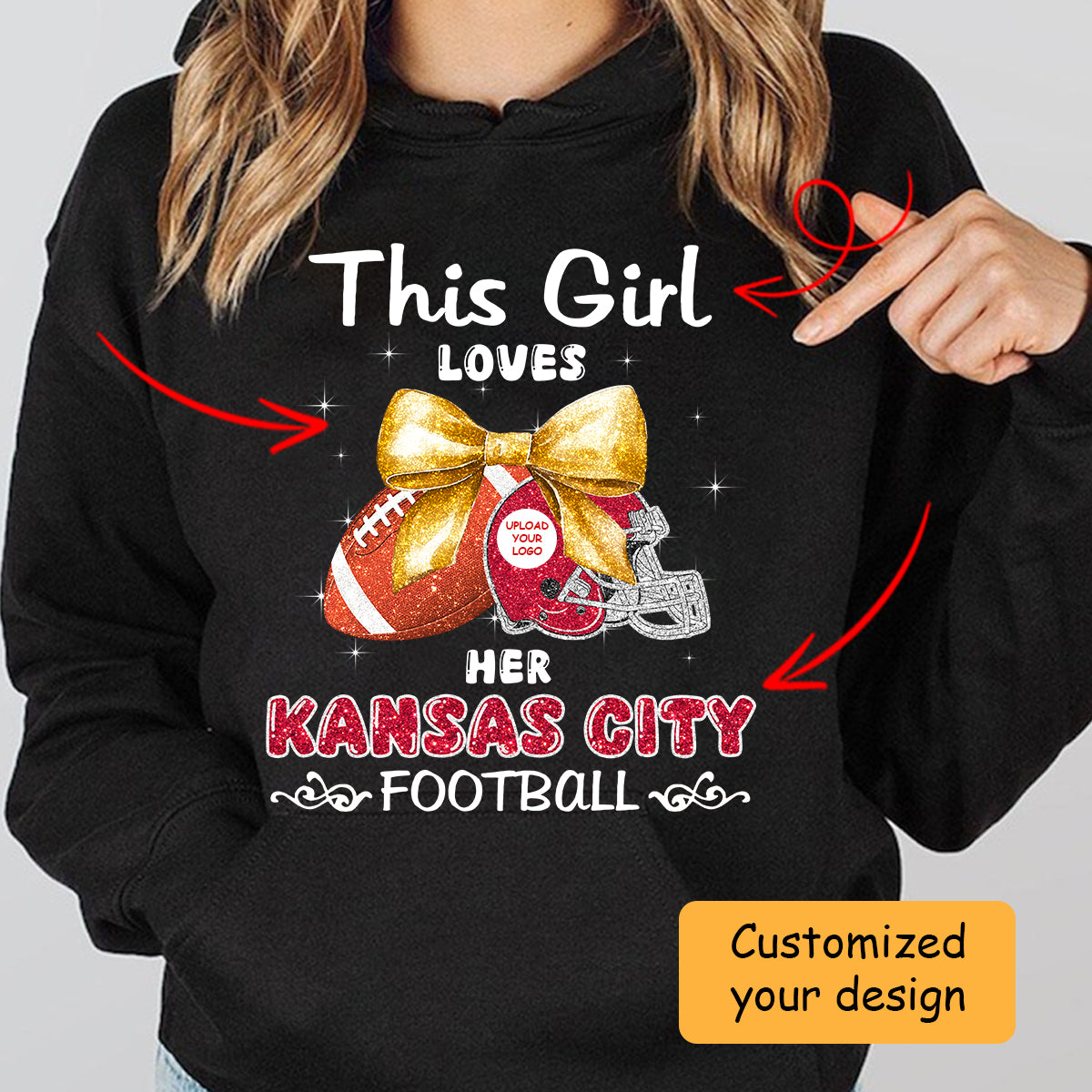 Personalized Women Love Kansas City Football Coquette Bow Hoodie, American Football Girl Mom Game Day Cheer Hoodie