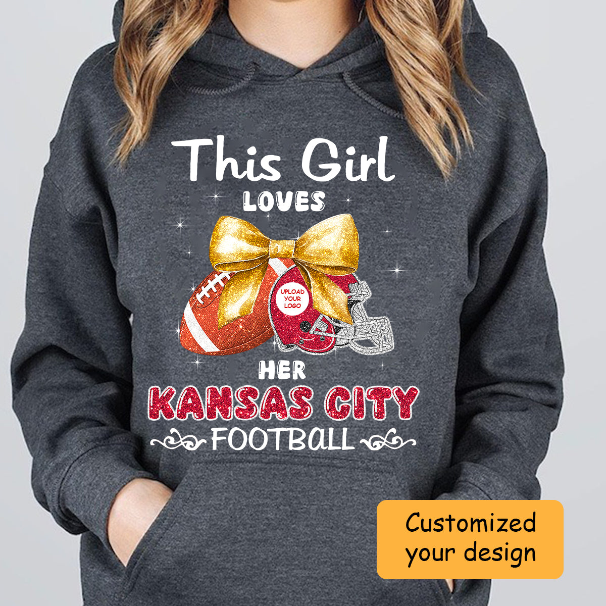 Personalized Women Love Kansas City Football Coquette Bow Hoodie, American Football Girl Mom Game Day Cheer Hoodie