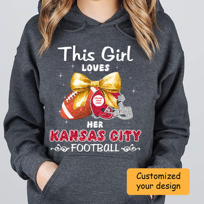 Personalized Women Love Kansas City Football Coquette Bow Sweatshirt, American Football Girl Mom Game Day Cheer Sweatshirt