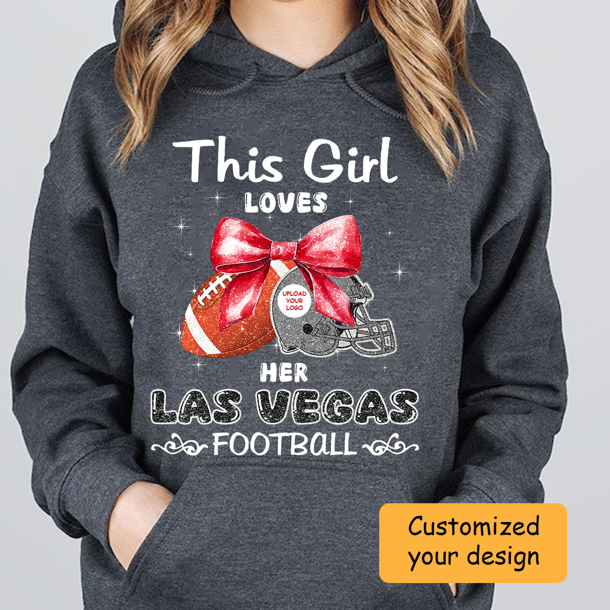 Personalized Women Love Las Vegas Football Coquette Bow Hoodie, American Football Girl Mom Game Day Cheer Hoodie