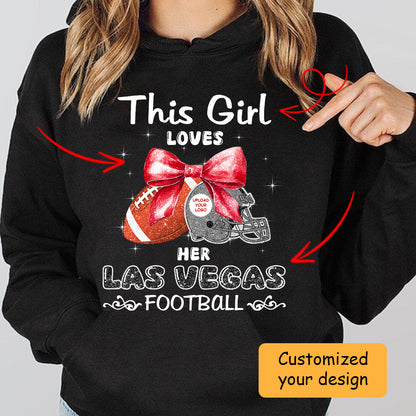 Personalized Women Love Las Vegas Football Coquette Bow Hoodie, American Football Girl Mom Game Day Cheer Hoodie