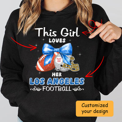 Personalized Women Love Los Angeles Football Coquette Bow Hoodie, American Football Girl Mom Game Day Cheer Hoodie