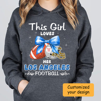 Personalized Women Love Los Angeles Football Coquette Bow Hoodie, American Football Girl Mom Game Day Cheer Hoodie