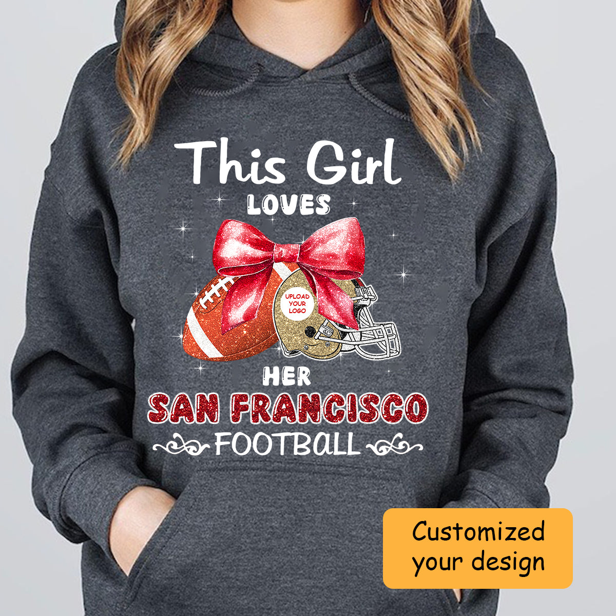 Personalized Women Love San Francisco Football Coquette Bow Sweatshirt, American Football Girl Mom Game Day Cheer Sweatshirt