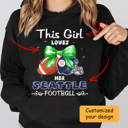 Personalized Women Love Seattle Football Coquette Bow Sweatshirt, American Football Girl Mom Game Day Cheer Sweatshirt