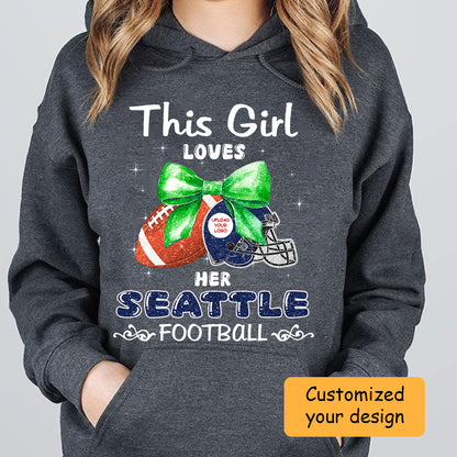 Personalized Women Love Seattle Football Coquette Bow Hoodie, American Football Girl Mom Game Day Cheer Hoodie