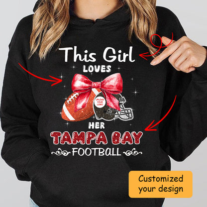 Personalized Women Love Tampa Bay Football Coquette Bow Sweatshirt, American Football Girl Mom Game Day Cheer Sweatshirt