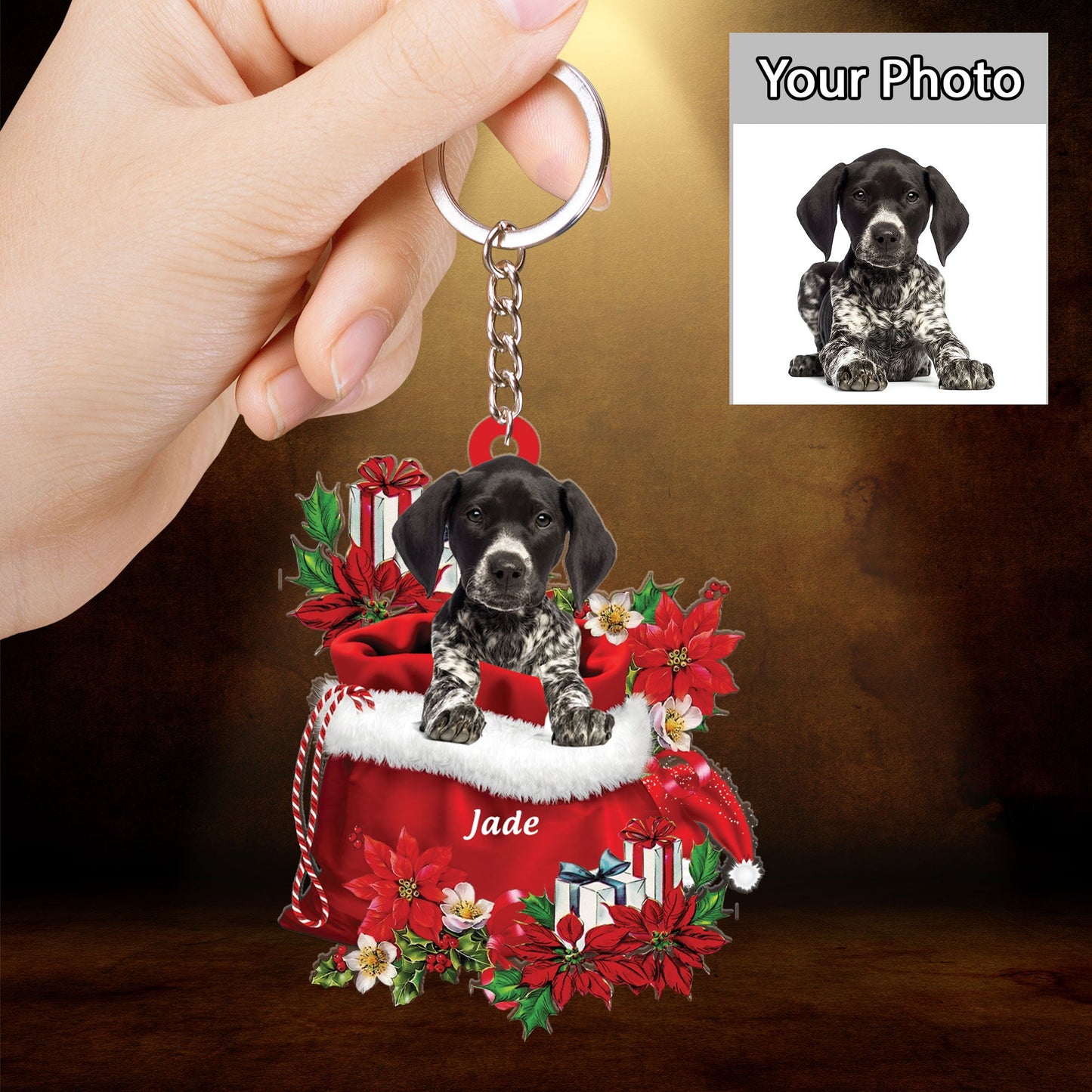 Customized German Shorthaired Pointer Dog In Red Gift Bag Acrylic Ornament, Christmas Gift For Dog Lovers, Dog Mom