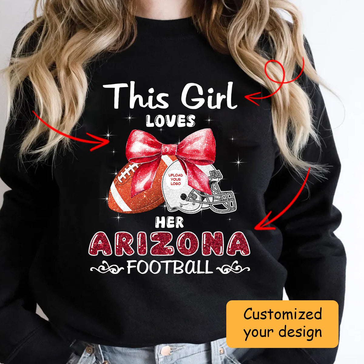 Personalized Women Love Arizona Football Coquette Bow Sweatshirt, American Football Girl Mom Game Day Cheer Sweatshirt