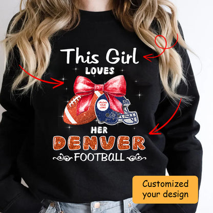 Personalized Women Love Denver Football Coquette Bow Hoodie, American Football Girl Mom Game Day Cheer Hoodie