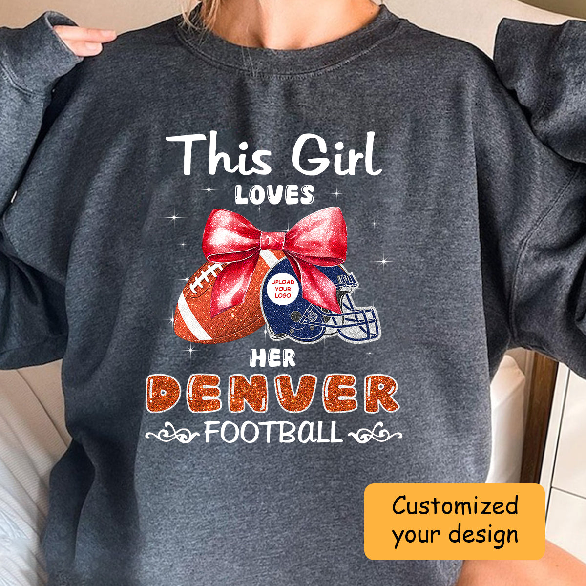 Personalized Women Love Denver Football Coquette Bow Hoodie, American Football Girl Mom Game Day Cheer Hoodie