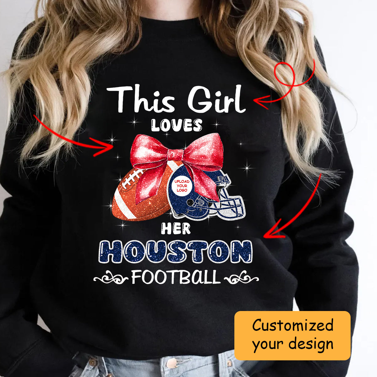 Personalized Women Love Houston Football Coquette Bow Hoodie, American Football Girl Mom Game Day Cheer Hoodie