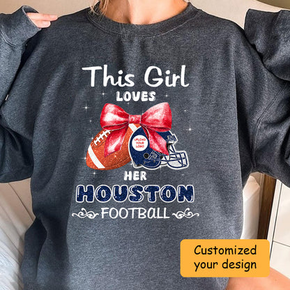 Personalized Women Love Houston Football Coquette Bow Hoodie, American Football Girl Mom Game Day Cheer Hoodie