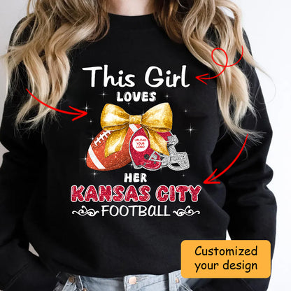 Personalized Women Love Kansas City Football Coquette Bow Sweatshirt, American Football Girl Mom Game Day Cheer Sweatshirt