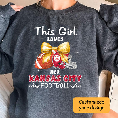 Personalized Women Love Kansas City Football Coquette Bow Sweatshirt, American Football Girl Mom Game Day Cheer Sweatshirt