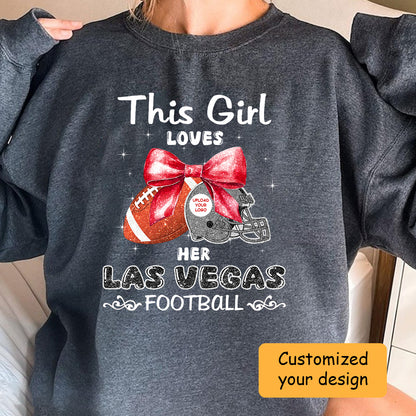 Personalized Women Love Las Vegas Football Coquette Bow Hoodie, American Football Girl Mom Game Day Cheer Hoodie