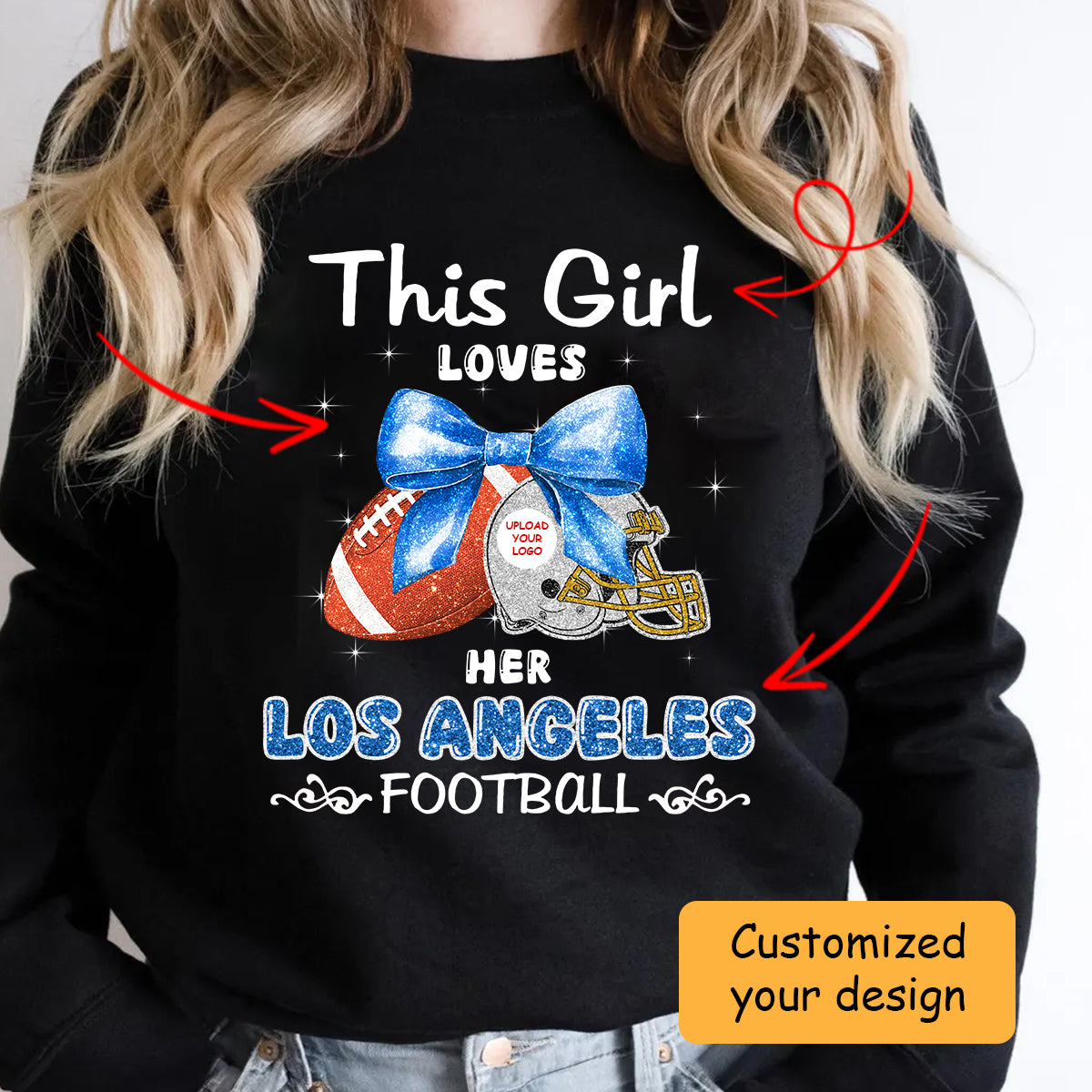 Personalized Women Love Los Angeles Football Coquette Bow Sweatshirt, American Football Girl Mom Game Day Cheer Sweatshirt