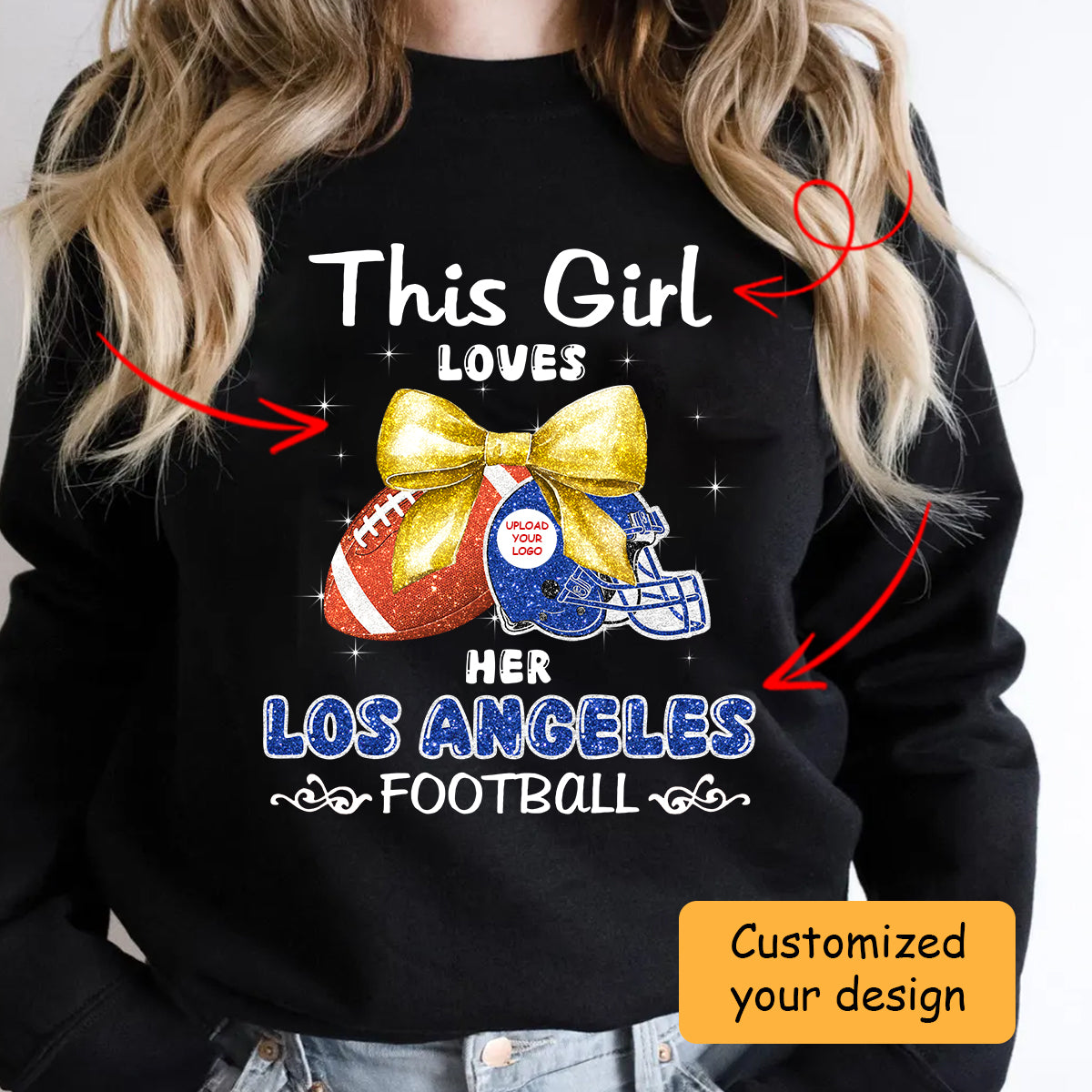 Personalized Women Love Los Angeles Football Coquette Bow Hoodie, American Football Girl Mom Game Day Cheer Hoodie - Gift For Family