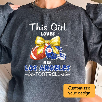 Personalized Women Love Los Angeles Football Coquette Bow Hoodie, American Football Girl Mom Game Day Cheer Hoodie - Gift For Family