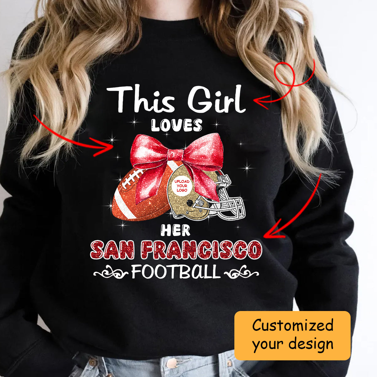 Personalized Women Love San Francisco Football Coquette Bow Sweatshirt, American Football Girl Mom Game Day Cheer Sweatshirt