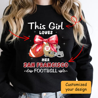 Personalized Women Love San Francisco Football Coquette Bow Hoodie, American Football Girl Mom Game Day Cheer Hoodie