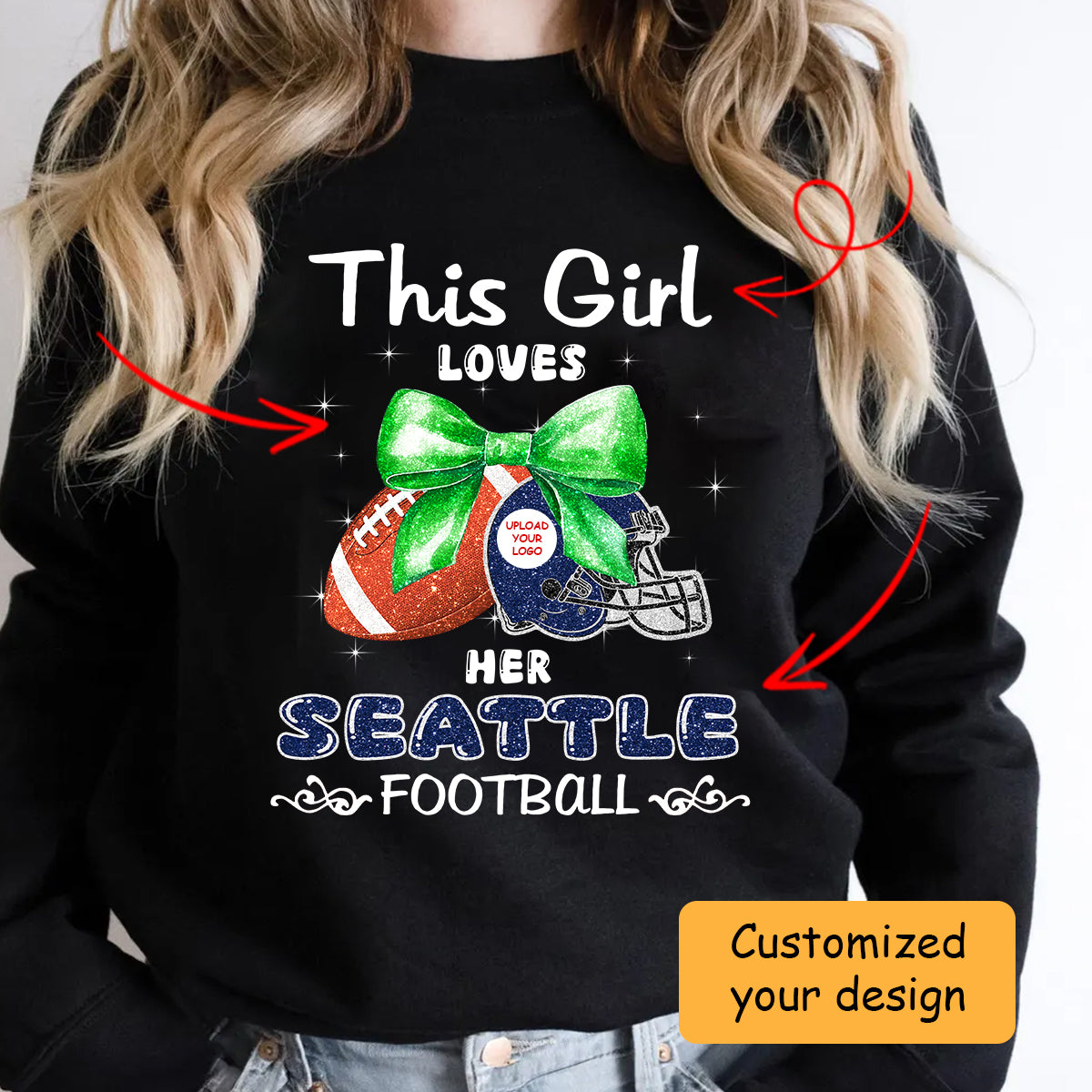 Personalized Women Love Seattle Football Coquette Bow Hoodie, American Football Girl Mom Game Day Cheer Hoodie