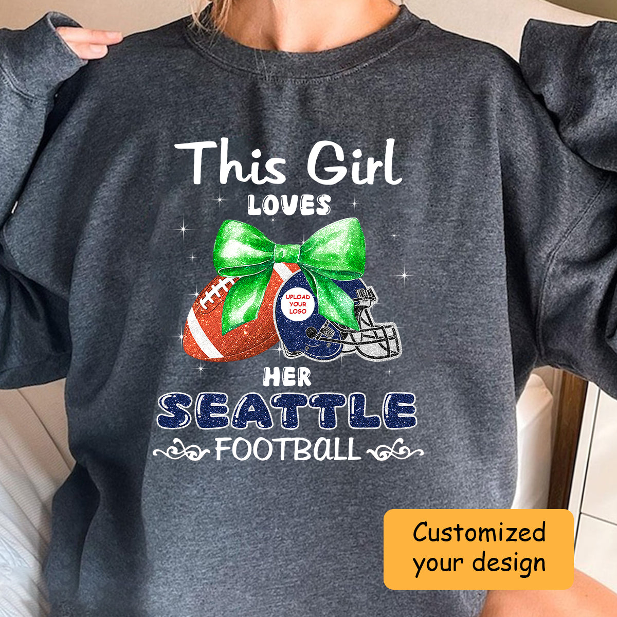 Personalized Women Love Seattle Football Coquette Bow Sweatshirt, American Football Girl Mom Game Day Cheer Sweatshirt