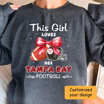 Personalized Women Love Tampa Bay Football Coquette Bow Sweatshirt, American Football Girl Mom Game Day Cheer Sweatshirt