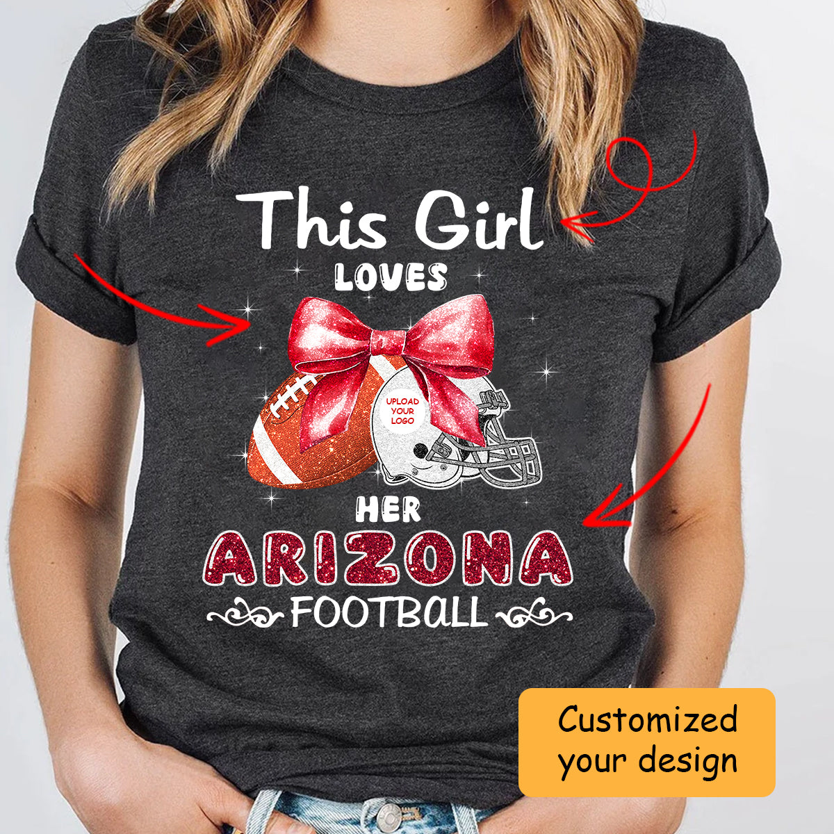 Personalized Women Love Arizona Football Coquette Bow Hoodie, American Football Girl Mom Game Day Cheer Hoodie