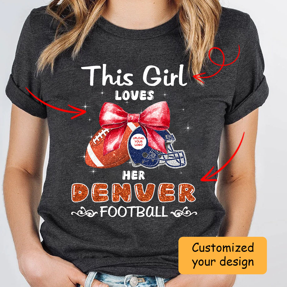 Personalized Women Love Denver Football Coquette Bow Sweatshirt, American Football Girl Mom Game Day Cheer Sweatshirt