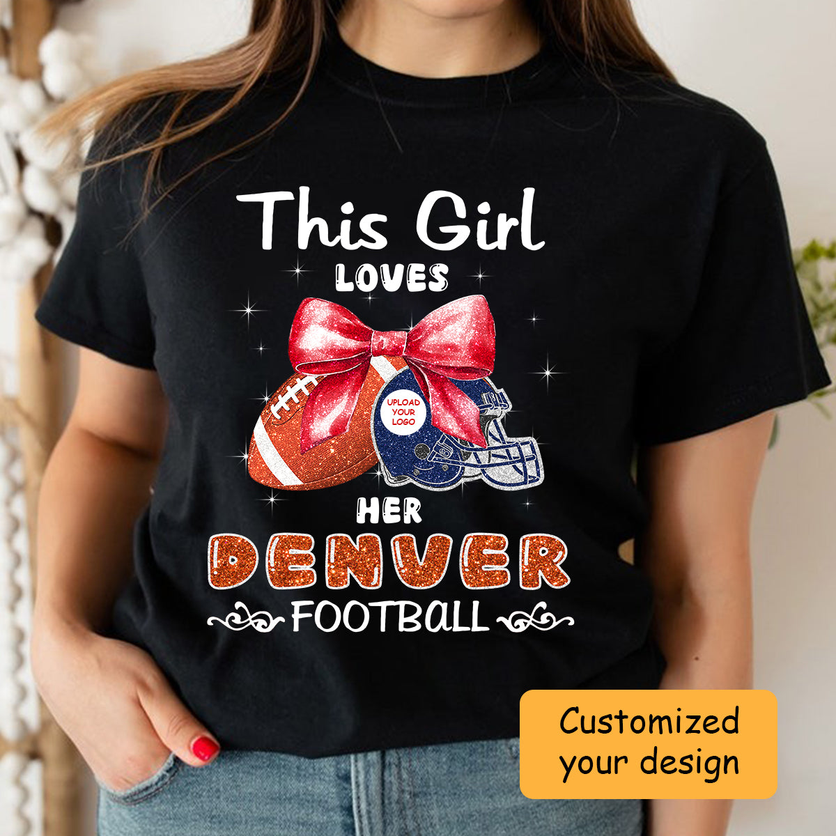 Personalized Women Love Denver Football Coquette Bow Hoodie, American Football Girl Mom Game Day Cheer Hoodie