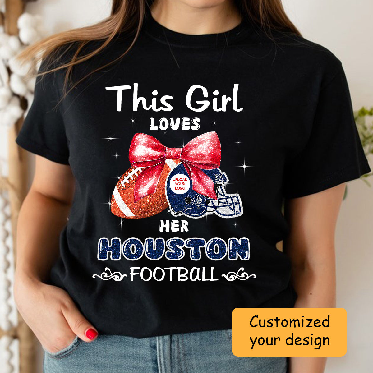 Personalized Women Love Houston Football Coquette Bow Hoodie, American Football Girl Mom Game Day Cheer Hoodie