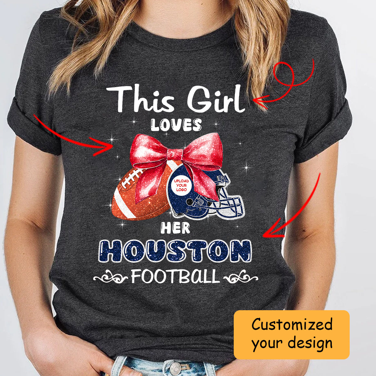 Personalized Women Love Houston Football Coquette Bow Hoodie, American Football Girl Mom Game Day Cheer Hoodie