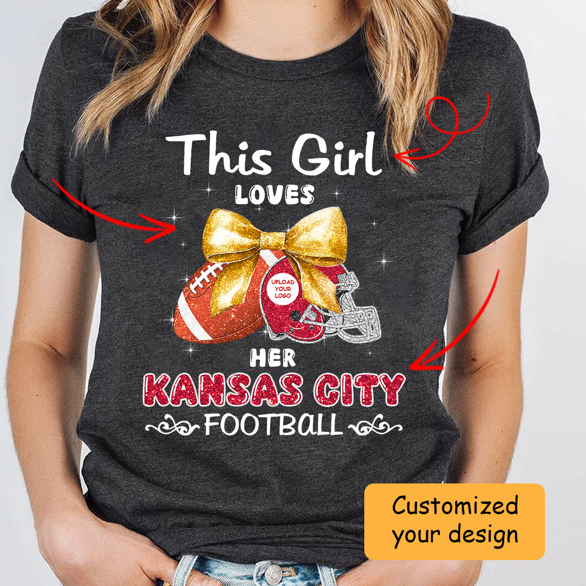 Personalized Women Love Kansas City Football Coquette Bow Sweatshirt, American Football Girl Mom Game Day Cheer Sweatshirt