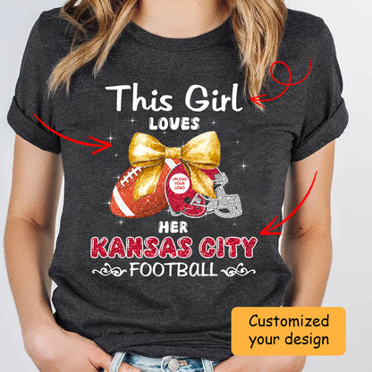 Personalized Women Love Kansas City Football Coquette Bow Hoodie, American Football Girl Mom Game Day Cheer Hoodie