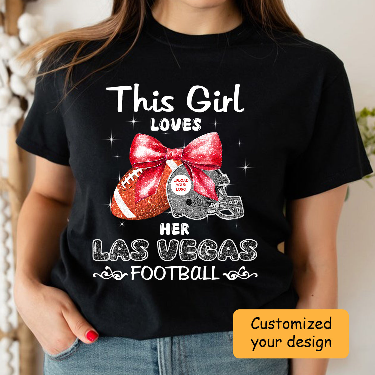 Personalized Women Love Las Vegas Football Coquette Bow Hoodie, American Football Girl Mom Game Day Cheer Hoodie