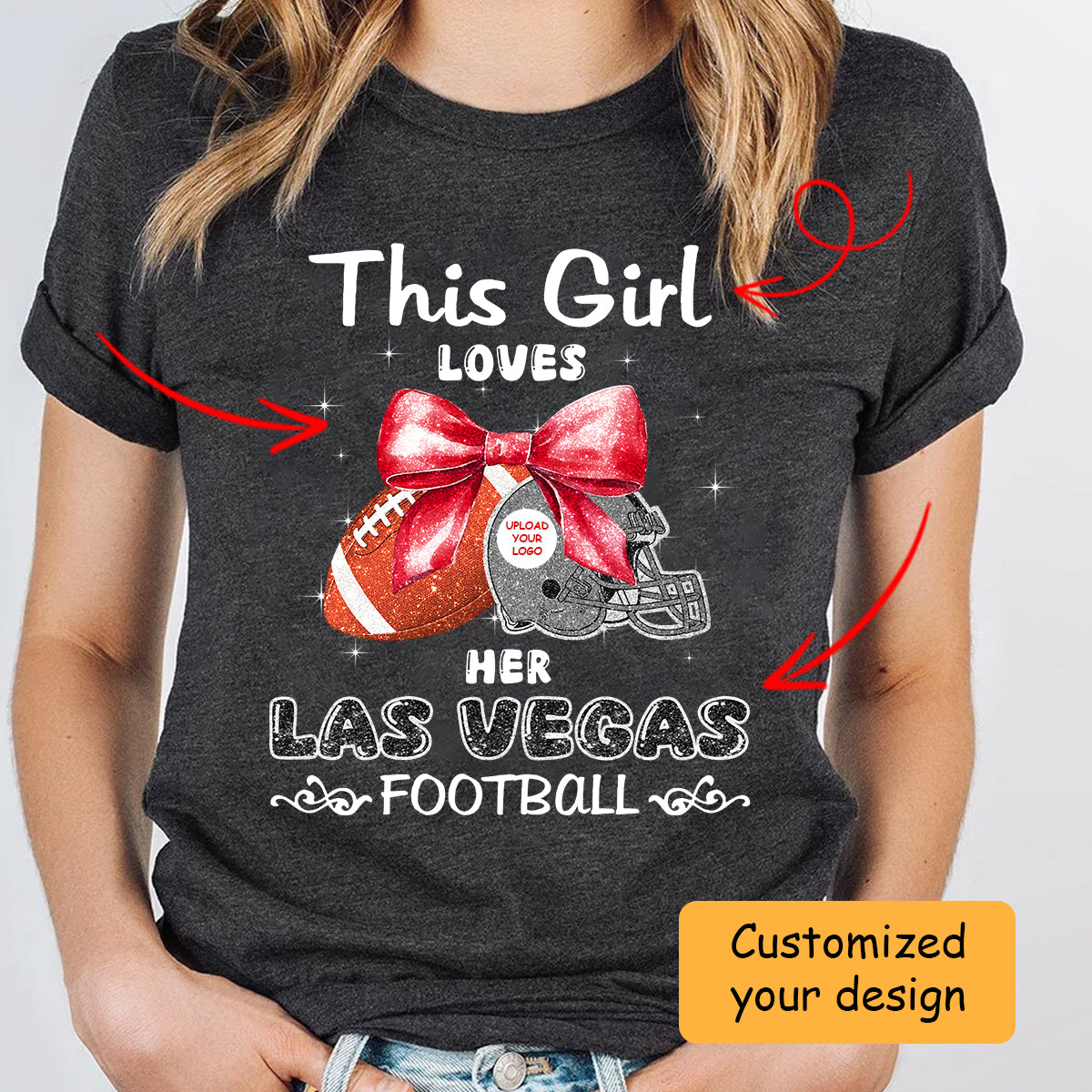 Personalized Women Love Las Vegas Football Coquette Bow Hoodie, American Football Girl Mom Game Day Cheer Hoodie