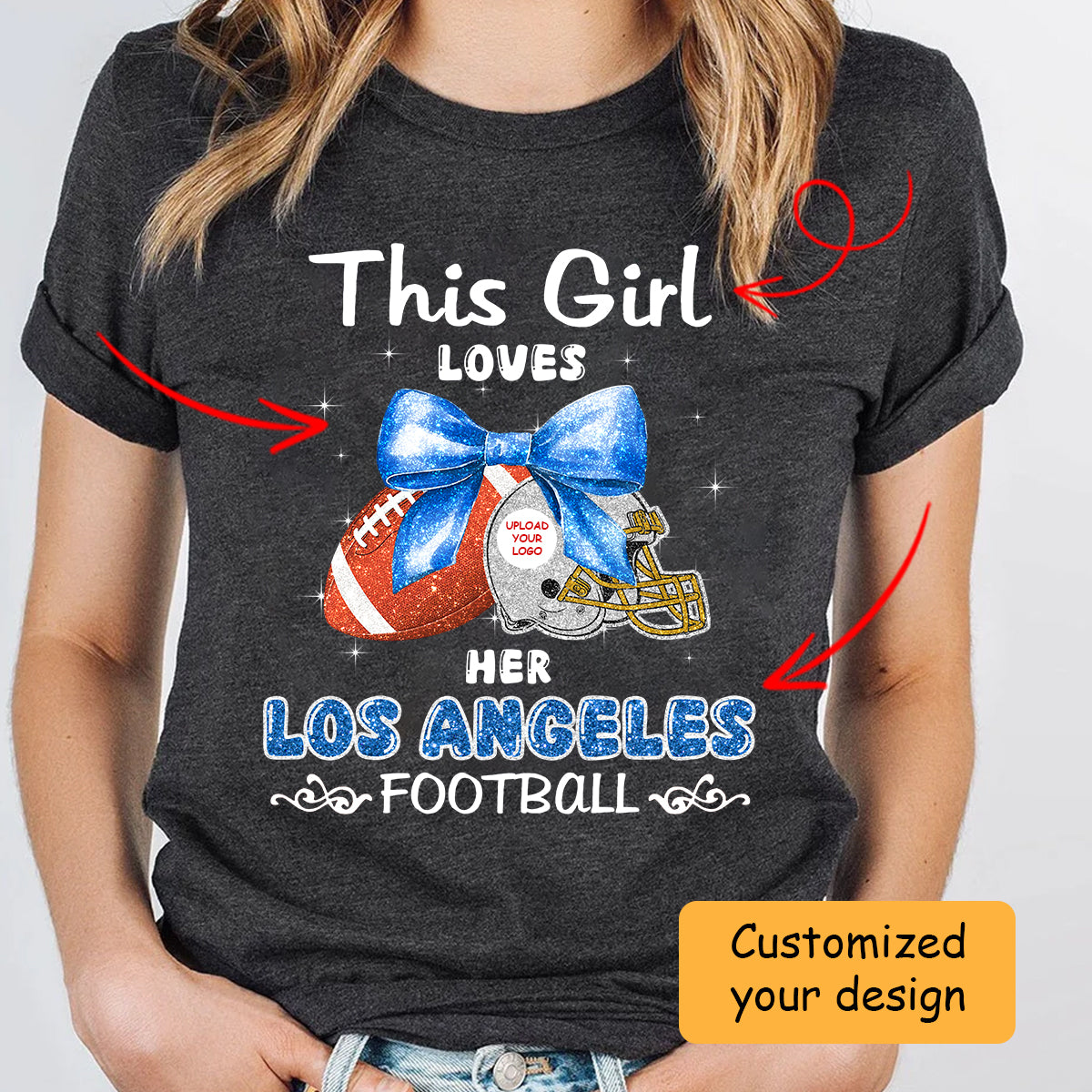 Personalized Women Love Los Angeles Football Coquette Bow Hoodie, American Football Girl Mom Game Day Cheer Hoodie